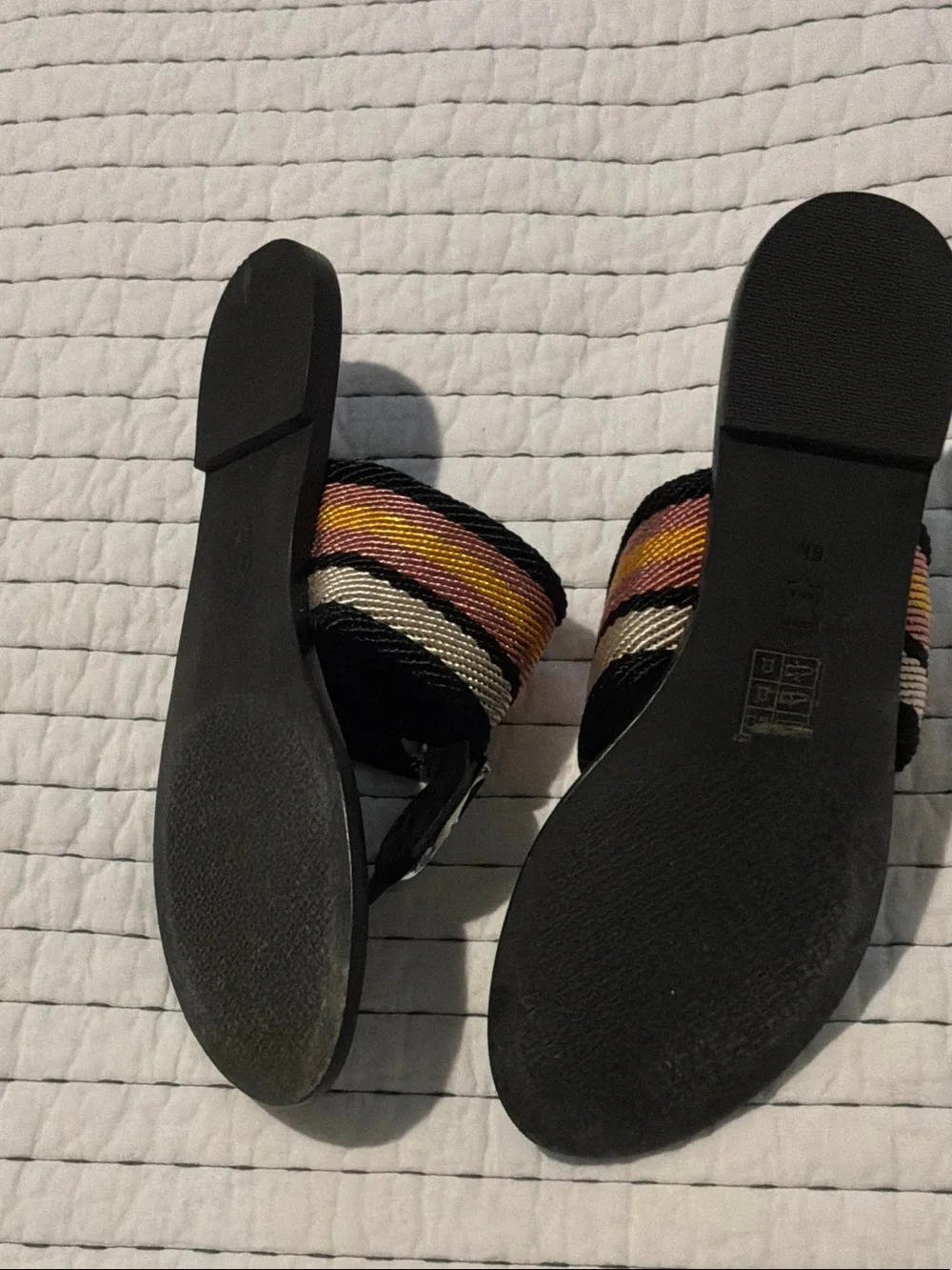 Tory Burch Black Leather Thong Sandals with Multicolor Striped Strap